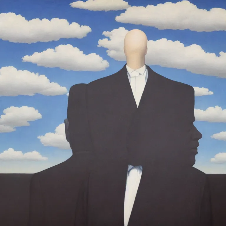 Image similar to portrait of a faceless shadow - head man in a suit, clouds in the background, by rene magritte, detailed painting, distance, middle centered, hd, hq, high resolution, high detail, 4 k, 8 k