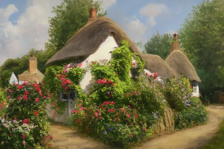 Prompt: A quaint cottage in an English village, merry england, oil on canvas, 4k, detailed