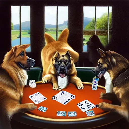 Prompt: German Shepherd, Boxer, Corgi, Golden Retriever playing poker