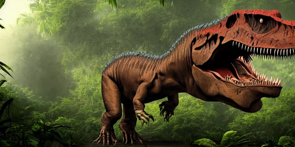 Image similar to photo realism, vary sad, cry tyrannosaurus rex, background jungle, 4 k