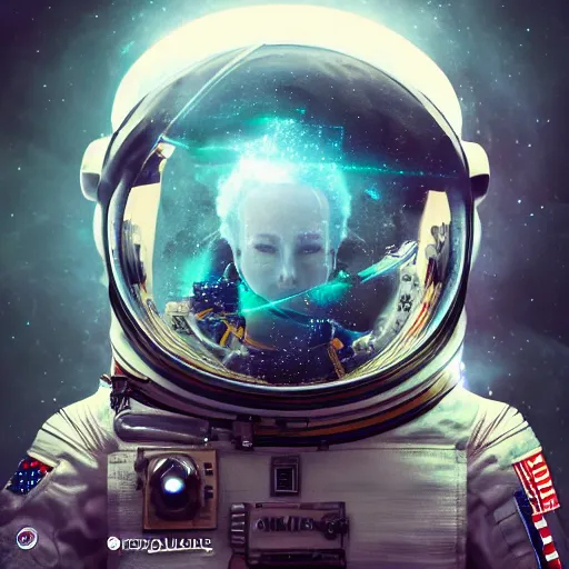 Image similar to an epic portrait of an astronaut entering microscopic multiverse of atoms madness with a tiny micro spaceship, cinematic lighting, trending on Artstation, highly detailed, insane details