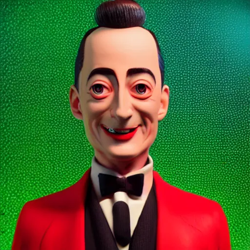 Image similar to a 3 d render of peewee herman on max headroom, octane render, unreal engine, hyperrealism, 8 k, trending on artstation, ultra detailed, volumetric lighting, dramatic lighting, lasers, neon