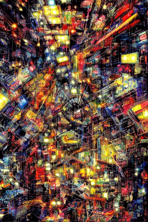 Image similar to a painting of a bunch of lights in the dark, cyberpunk art by Derek Gores, deviantart, psychedelic art, fractalism, psychedelic, cosmic horror