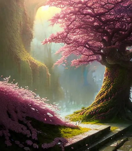 Image similar to highly detailed fantasy artwork of a sakura plum tree made with water, overgrowth, Andreas Rocha, Ferdinand Knab, Makoto Shinkai