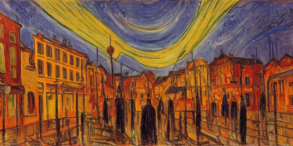 Image similar to a street scene in the first district of vienna, twilight, lights in windows, style of edvard munch, the storm