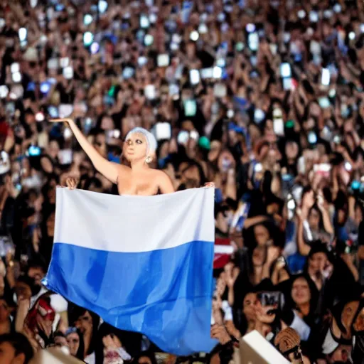 Image similar to Lady Gaga as president, Argentina presidential rally, Argentine flags behind, bokeh, giving a speech, detailed face, Argentina