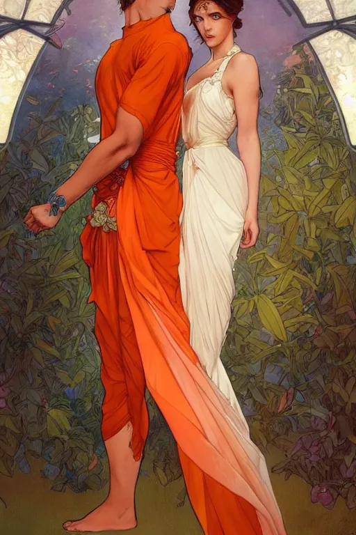 Image similar to man in orange shirt fastens dress, beautiful creation to his spouse before going to exquisite gala art by artgerm and greg rutkowski and charlie bowater and magali villeneuve and alphonse mucha