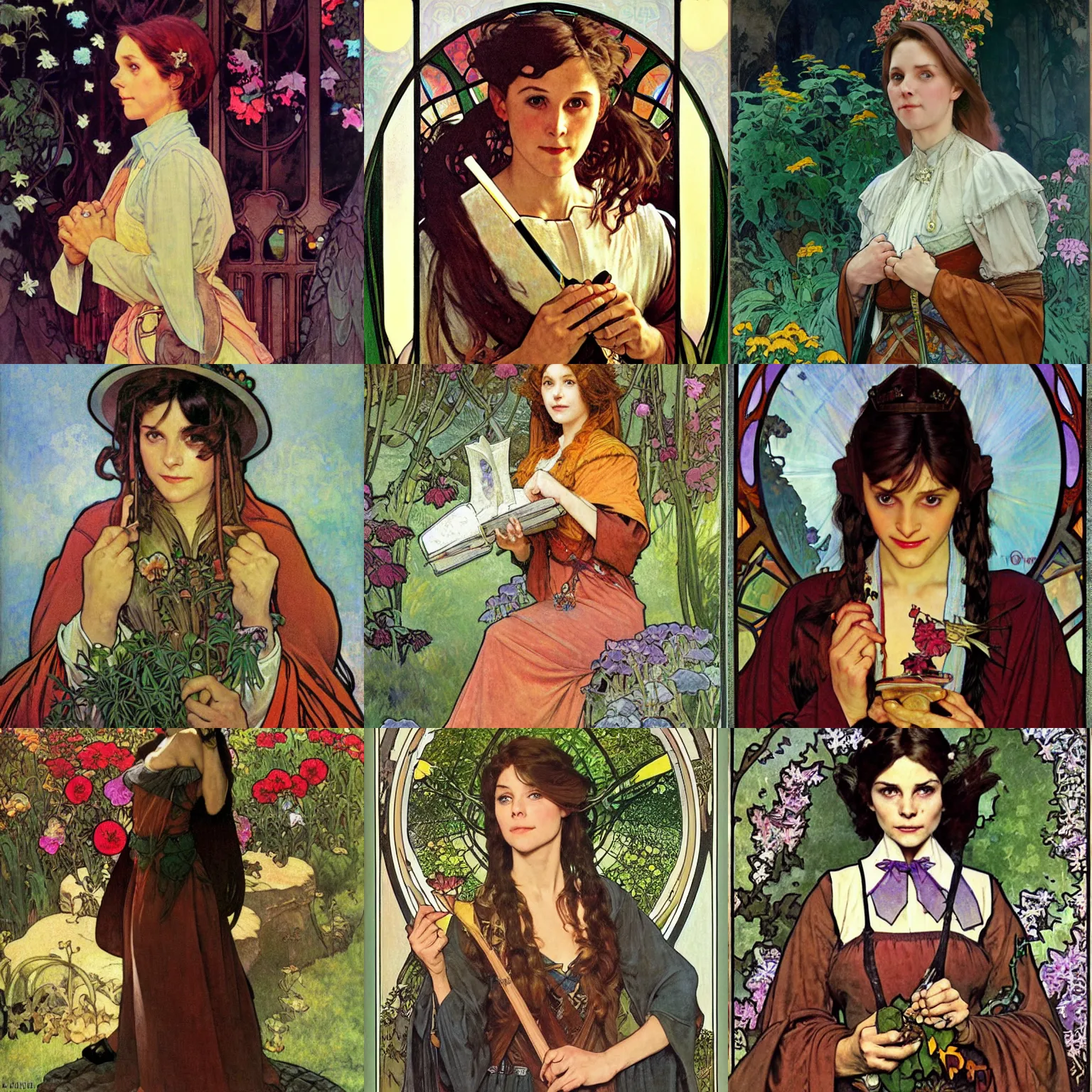 Prompt: portrait female wizard, dungeons and dragons, character, city, flower garden, aloof, painting, by norman rockwell and alphonse mucha