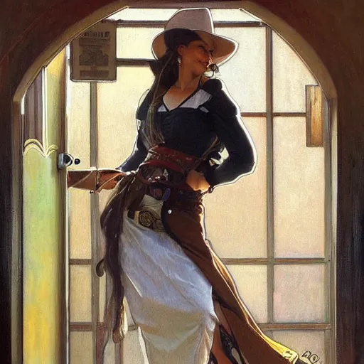 Prompt: painting of cowgirl leaning up against the door frame of saloon with one thumb hooked on belt loop art by artgerm and greg rutkowski and alphonse mucha