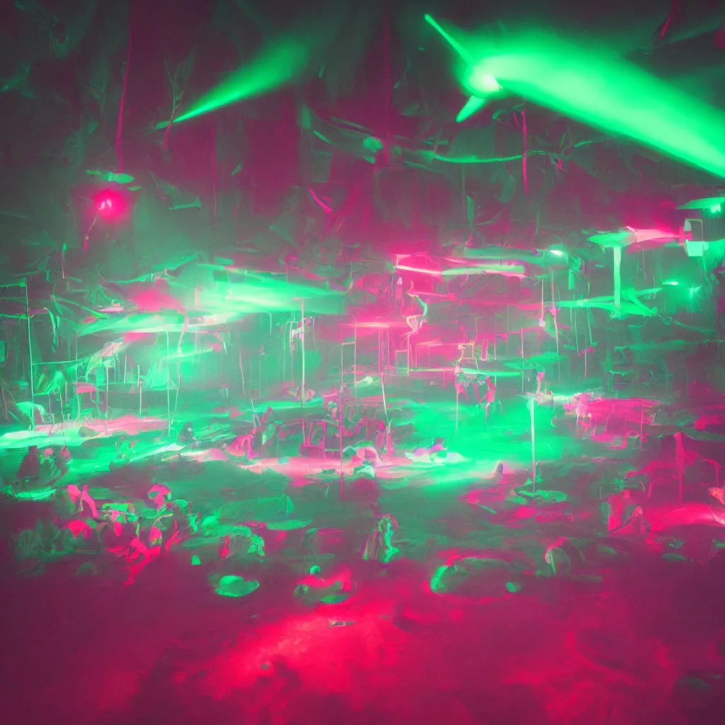 Image similar to rave club in the red pond at night, green laser, light art, photo by reuben wu, jenni pasanen, epic composition, hd, octane, volumetric lighting, masterpiece,