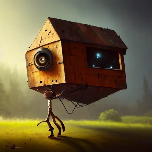 Prompt: a walking wood and metal house with two legs and two big eyes, rust, hyperrealistic, highly detailed, cinematic, single ray of sun, morning, pareidolia, gravity falls style, beautiful, cgssociety, artstation, 8 k, oil painting, digital art