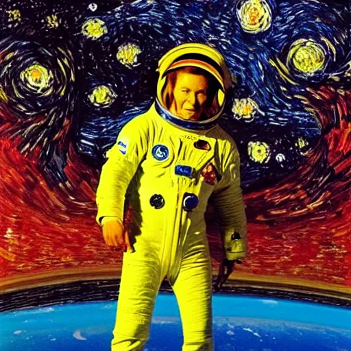 Prompt: an artistic photo of david bowie as a astronaut in space, high quality, studio photography, colourful, hero, 1 9 8 8, heroic, beautiful, in the style of vincent van gogh