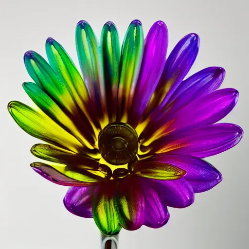 Prompt: An ultra high definition studio photograph of an alien flower that is ((((wilting)))) in a simple vase on a plinth. The flower is multicoloured iridescent. High contrast, key light, 70mm.