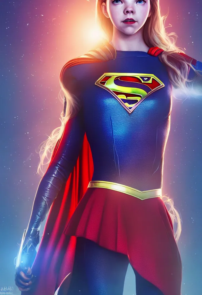 Image similar to cute gourgeous beautiful anya taylor joy as supergirl. intricate abstract. intricate artwork. by tooth wu, wlop, beeple, dan mumford. octane render, trending on artstation, greg rutkowski very coherent symmetrical artwork. cinematic, hyper realism, high detail, octane render, 8 k, iridescent accents