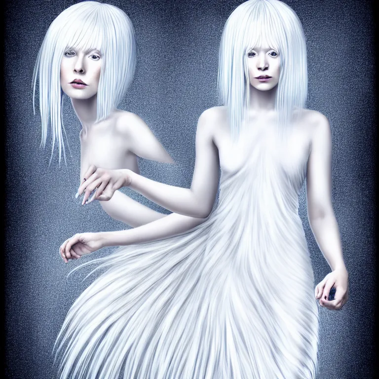 Image similar to professional digital art portrait of a wonderful symmetrical albino goddess with a fuffy white hair and dressed with a majestic sem transparent cotton dress