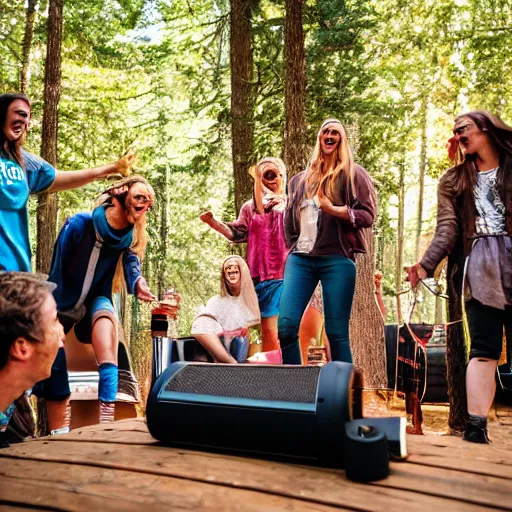 Prompt: small group of friends partying outside woodland cabin, speaker stack, festival lighting