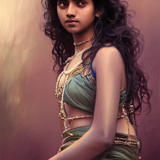 Image similar to portrait of a british-indian teenage girl with wavy black hair, desi girl with dark brown skin, glowing skin, fantasy, intricate, elegant, dress shirt, highly detailed, digital painting, artstation, concept art, smooth, sharp focus, illustration, art by Krenz Cushart and Artem Demura and alphonse mucha