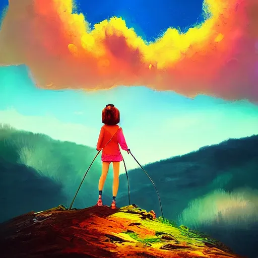 Image similar to giant daisy flower head, girl hiking in the mountains, surreal photography, sunrise, dramatic light, impressionist painting, colorful clouds, digital painting, artstation, simon stalenhag