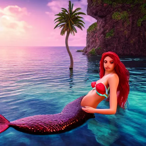 Image similar to mermaid on an island, highly detailed, photorealistic portrait, bright studio setting, studio lighting, crisp quality and light reflections, unreal engine 5 quality render