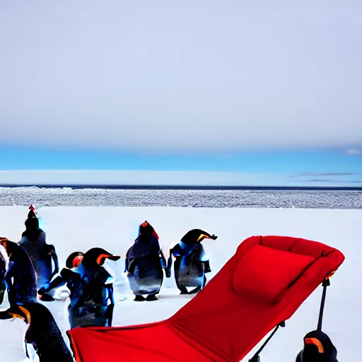 Image similar to a red camping chair in the middle of antarctica. the chair is 3 0 meters away from the camera and the chair is surrounded by a group of penguins.