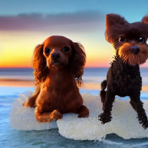 Prompt: a photorealistic closeup photograph of a cute brown colored long haired chihuahua cocker spaniel dog as well as a smiling white bichon frise puppy playing together at the beach. sunset, surf, brightly lit scene. fine detail. nice composition. 4 k hd unreal engine