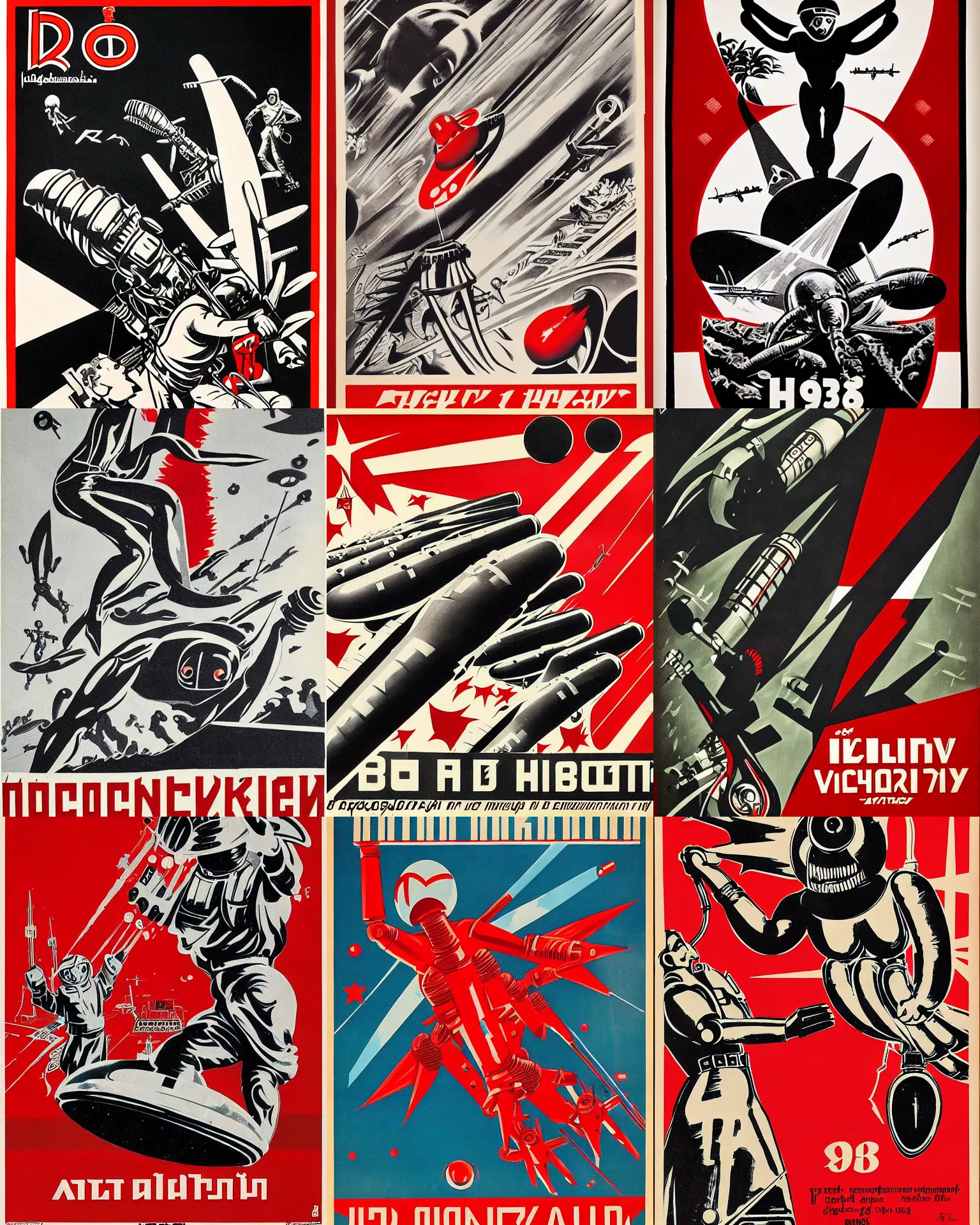 Prompt: 1 9 3 6 soviet propaganda poster depicting the victory against the aliens, high detail, artstation, angular, red black and white, by mikhail baljasnij