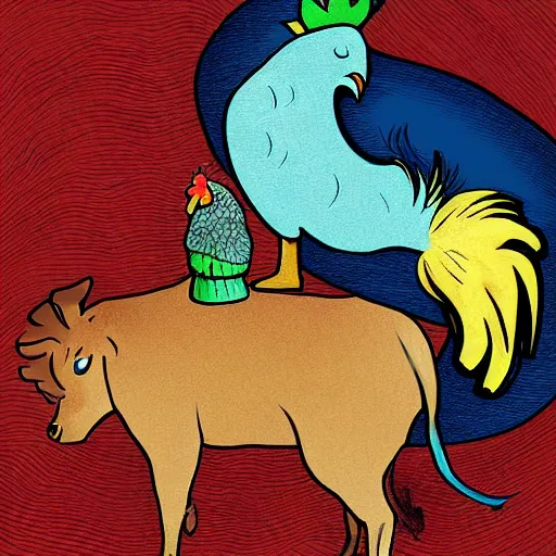 Prompt: a rooster on top of a cat, on top of a dog, on top of a donkey, digital art