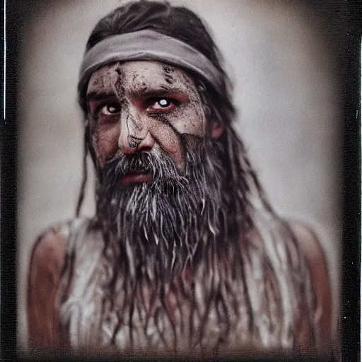 Image similar to realistic exposed polaroid film portrait of aghori sadhu covered in ash, hyperrealism, hypermaxiymalism, photorealistic, detailed, atmospheric, 8 k, award winning photography, cinematic