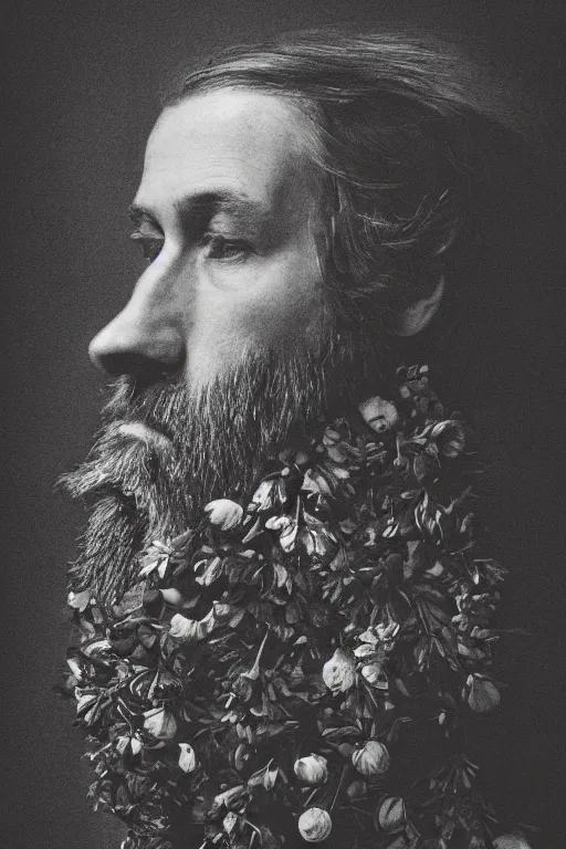 Image similar to a man's face in profile, with a long beard made of flowers and fruit, in the style of the Dutch masters and Gregory crewdson, dark and moody