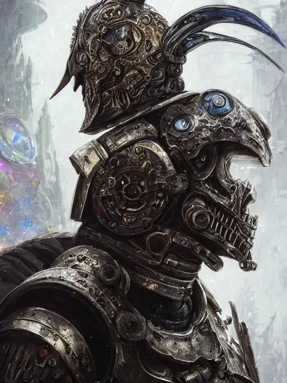 Image similar to portrait art of 8k ultra realistic undead space marine Gandalf, ornate intricate smashed galaxy helmet , detailed intricate ornate armour,blade runner, cybernetic, full of colour, cinematic lighting, battered, trending on artstation, 4k, hyperrealistic, focused, extreme details,unreal engine 5, cinematic, masterpiece, art by ayami kojima, giger