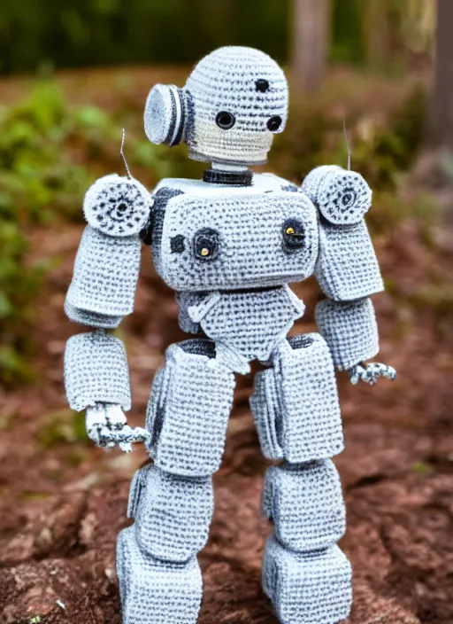 Image similar to a crochet mecha, realistic, no cropping, full body, Sigma 50 mm f/1.4