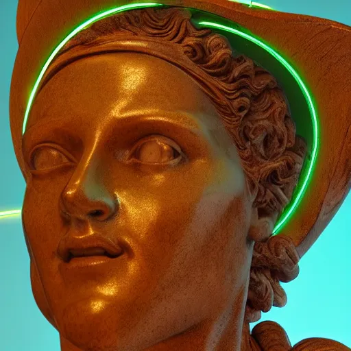 Prompt: a renaissance statue with a neon ring art, ray tracing, 3 d render, 8 k resolution, shar focus, hyper detailed, hyper realistic