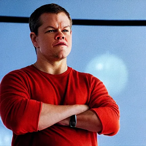 Prompt: Matt Damon pondering his Orb, still from the movie ''The Orb Legacy'' (2004)