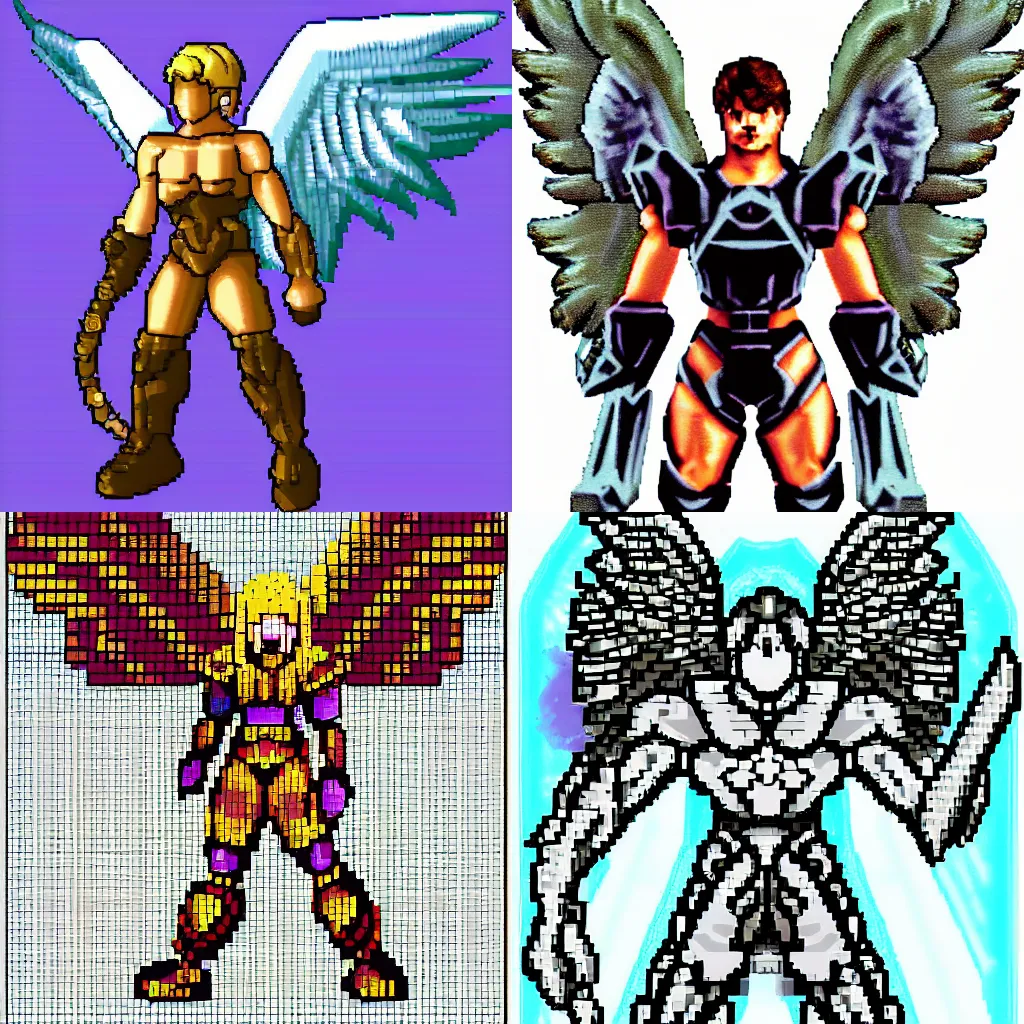 Prompt: an angel, super nintendo game sprite, symetric, barroque platinum armor