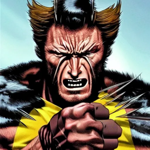 Prompt: Clint Eastwood as Wolverine, stabbing Sabertooth with sharp metal pieces from his fist, angry face, hyper realistic, high detail skin