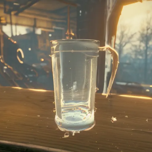 Prompt: codesword holds a faceted glass with milk in one of the manipulators, realism, reflections, metal case, in the kitchen, in the style of fallout 4,
