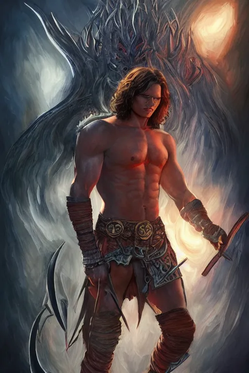 Image similar to portrait of attractive sam winchester as a rogue scotish warrior from the x century, muscular body tattooed, d & d!, fantasy style, sharp focus!, ultra detailed, art by artgerm and peter andrew jones, wlop