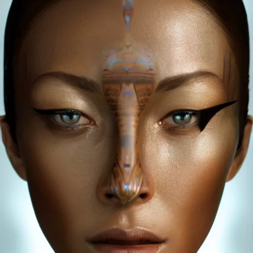 Prompt: portrait of a stunningly beautiful sleek alien tribal female, depth of field, zeiss lens, detailed, symmetrical, centered, fashionc photoshoot, by Annie Leibovitz and Steve McCurry, David Lazar, Jimmy Nelsson, Breathtaking, 8k resolution, extremely detailed, beautiful, establishing shot, artistic, hyperrealistic, beautiful face, octane render