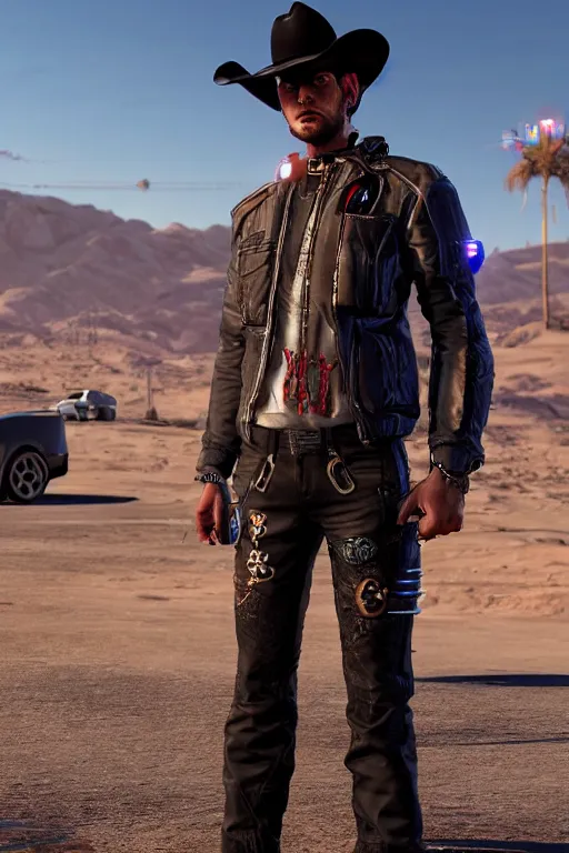 Image similar to cyberpunk cowboy with his tesla in the Mojave desert, high definition, many details, dramatic scene, detailed and realistic hands, symmetrical face, realistic eyes, art of unreal engine 5