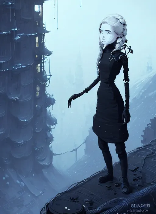 Image similar to highly detailed portrait of a giddy frostpunk long blonde hair lady with short form fitting black dress, stray wiring by atey ghailan, james gilleard, by joe fenton, by greg rutkowski, by greg tocchini, by kaethe butcher, 4 k resolution, gradient blue, black and white color scheme!!! ( ( glaciated robotic dystopian city background ) )