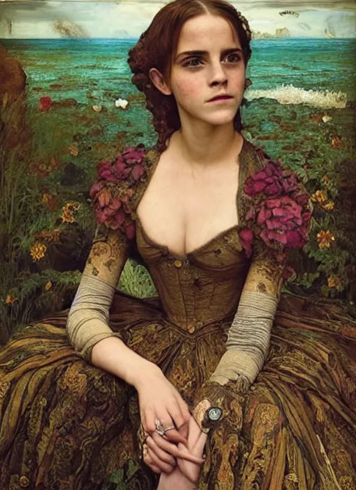 Image similar to emma watson detailed colourful masterpiece of intricate preraphaelite photography couple portrait sat down extreme closeup, love, inside a full underwater train, detailed realistic expressions, wearing unusual clothes, by ford madox brown and william powell frith and frederic leighton and john william waterhouse and william morris, ultra wide angle