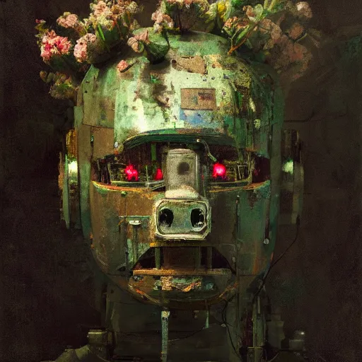 Prompt: a painting by jeremy mann of a robot head with flowers growing out, highly detailed, color bleeding, pixel sorting, plain black background, studio lighting
