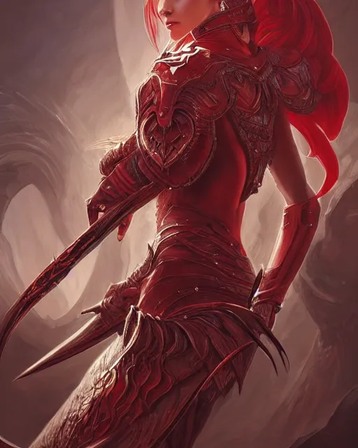 Image similar to Portrait of a Fantasy crimson knight, moonlit, HD, illustration, epic, D&D, fantasy, intricate, elegant, highly detailed, digital painting, artstation, concept art, smooth, sharp focus, illustration, art by artgerm and greg rutkowski and alphonse mucha, monster hunter illustrations art book