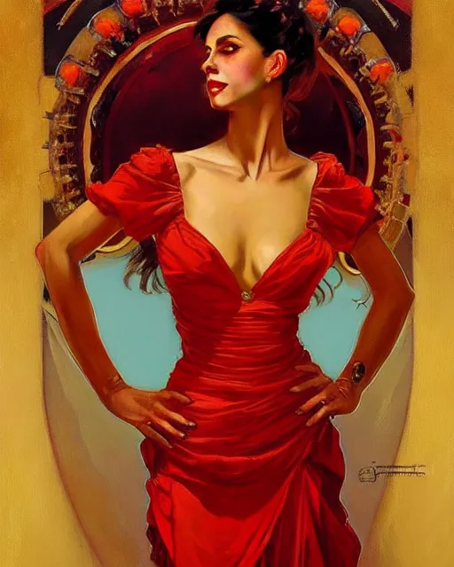 Prompt: portrait of a beautiful spanish woman wearing a red salsa dress, beautiful symmetrical face, golden, fantasy, regal, by stanley artgerm lau, greg rutkowski, thomas kindkade, alphonse mucha, loish, norman rockwell.