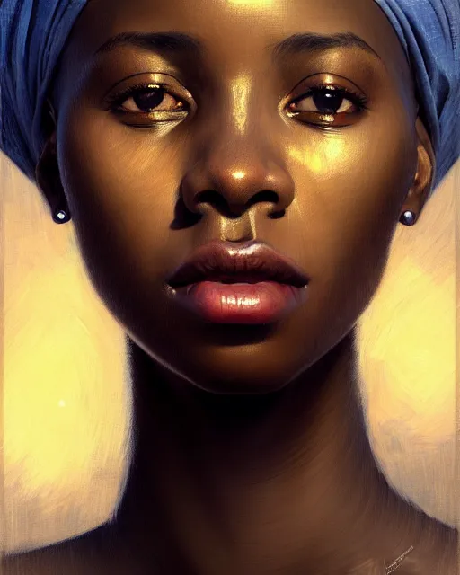 Prompt: african woman with blonde short hair, brown eyes, beautiful girl, close up portrait, moonlight, highkey, realistic, serov, surikov, vasnetsov, repin, kramskoi, paint texture, low aperature, insanely detailed, charlie bowater, tom bagshaw, octane rendered, unreal engine, illustration, trending on artstation, masterpiece