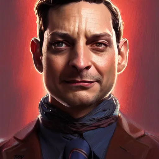 Image similar to handsome Tobey Maguire as Goblin Jr, western, D&D, fantasy, intricate, elegant, highly detailed, digital painting, artstation, concept art, matte, sharp focus, illustration, art by Artgerm and Greg Rutkowski and Alphonse Mucha