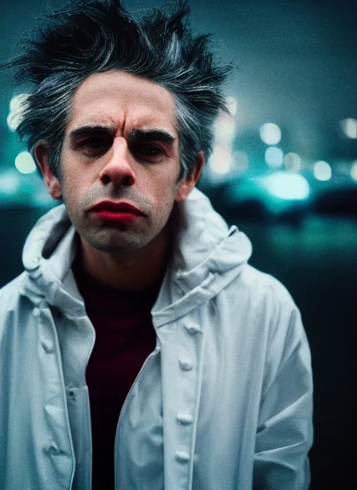 Prompt: A hyper realistic and detailed head portrait photography of Rick Sanchez wearing a futuristic white raincoat with hoodie on a rainy day. by annie leibovitz. Neo noir style. Cinematic. Swirly bokeh. Red neon lights and glow in the background. Cinestill 800T film. Lens flare.