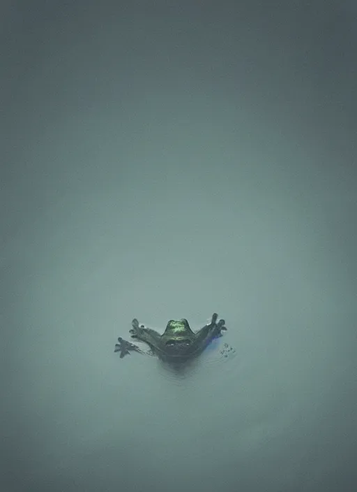 Image similar to “semitranslucent smiling frog vertically hovering over misty lake waters in crucifix pose, low angle, long cinematic shot by Andrei Tarkovsky, paranormal, eerie, mystical”