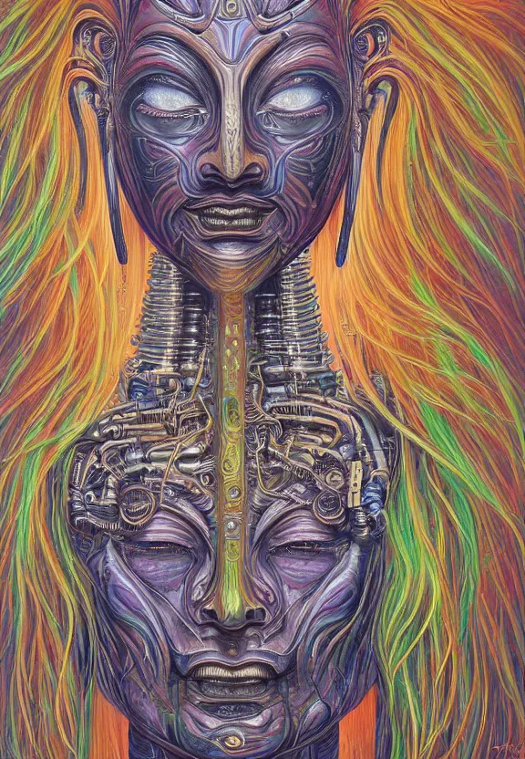 Prompt: perfectly centered portrait, front view of a beautiful biomechanical alien android robot buddha, female, flowing hair, intense stare, sarcastic smile, symmetrical, concept art, intricate detail, psychedelic colors, volumetric shadows and lighting, realistic oil painting by alex grey and h. r giger,