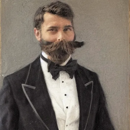 Image similar to action hero, suit, bow tie, mustache by alfred stevens in charcoal